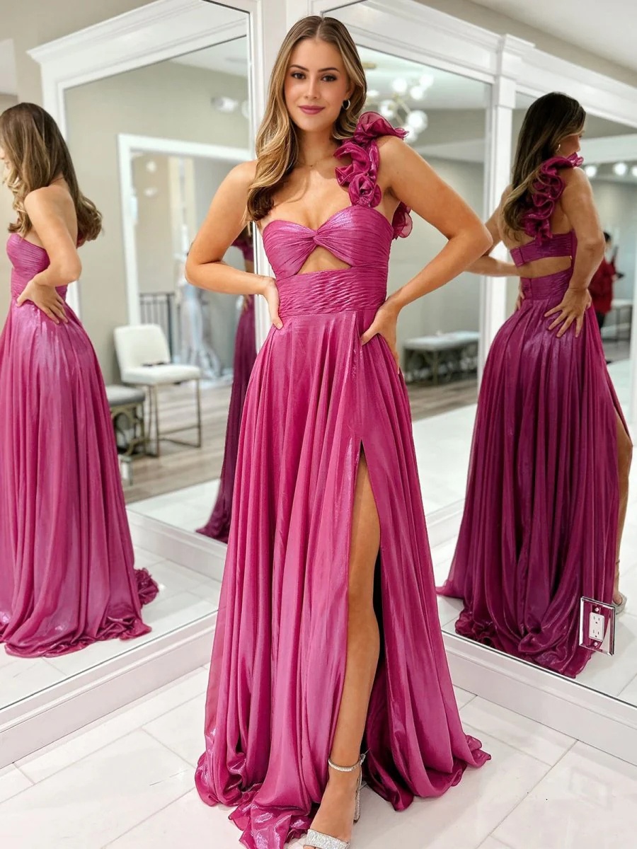 Silk Satin Floral Spaghetti Straps Prom Dresses with Pleats