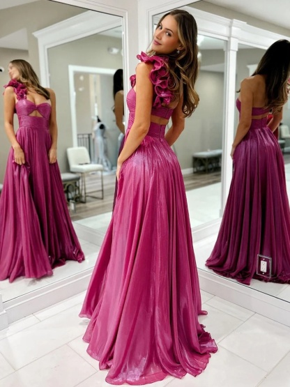 Silk Satin Floral Spaghetti Straps Prom Dresses with Pleats
