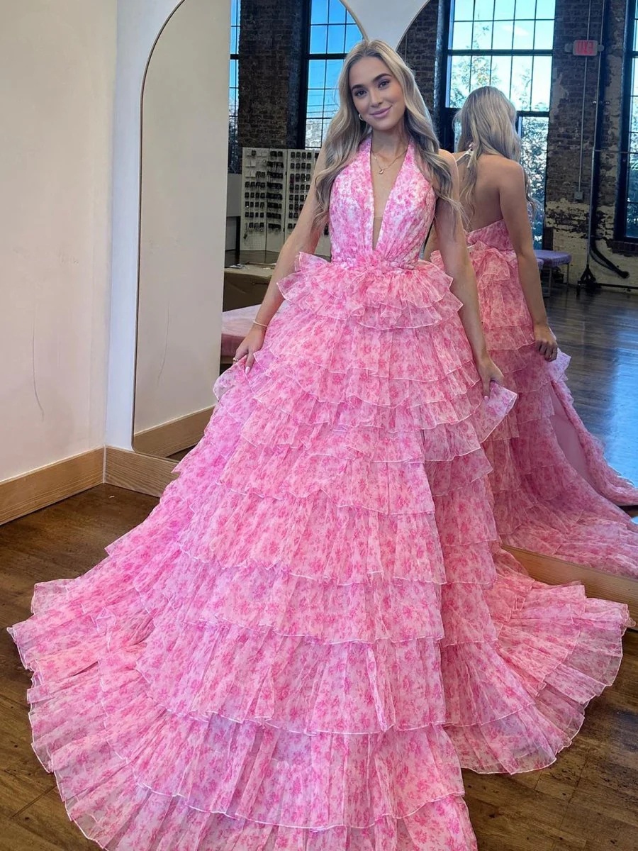 Tulle Halter Tiered Evening Dresses with High Slit