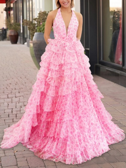 Tulle Halter Tiered Evening Dresses with High Slit