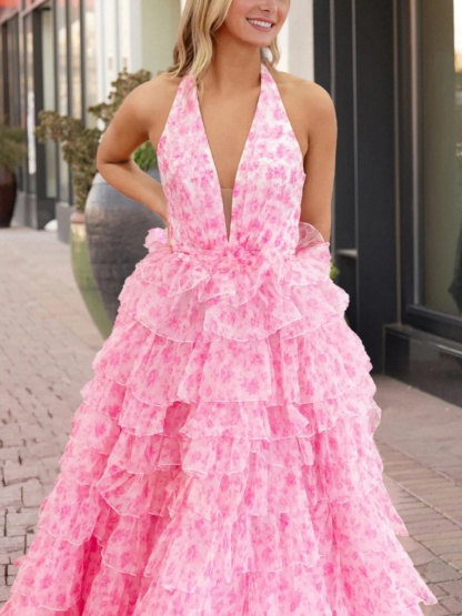 Tulle Halter Tiered Evening Dresses with High Slit