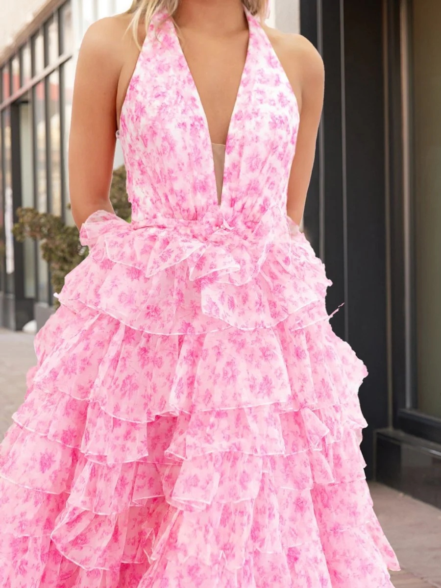 Tulle Halter Tiered Evening Dresses with High Slit