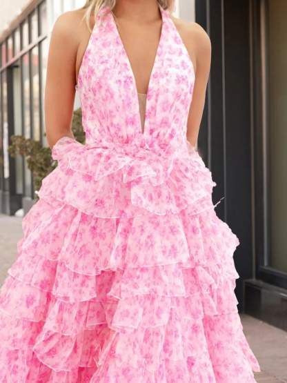Tulle Halter Tiered Evening Dresses with High Slit