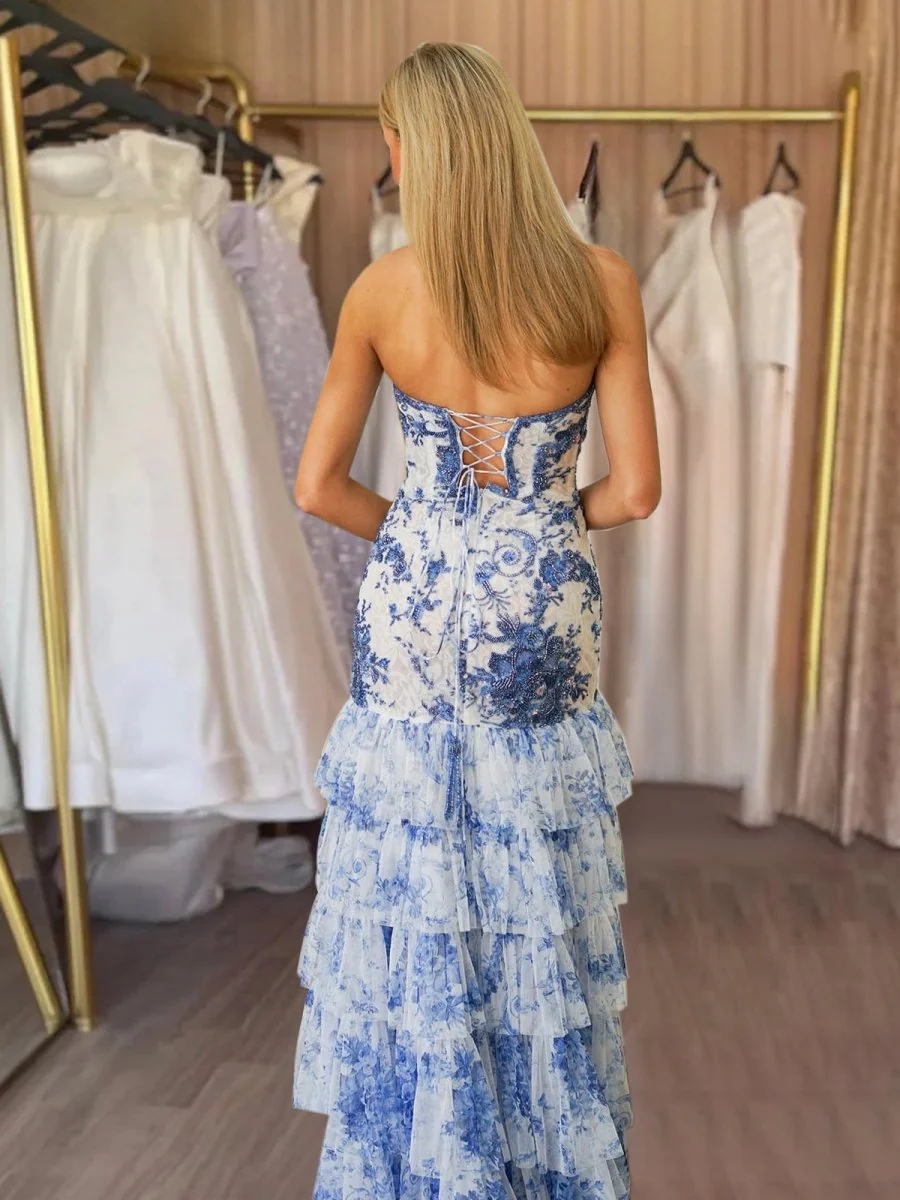 Tulle Strapless Corset Evening Dresses with High Slit