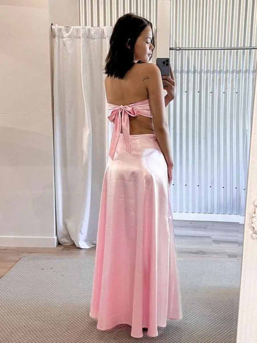 Satin Strapless Cut Out Prom Dresses with Back Tie