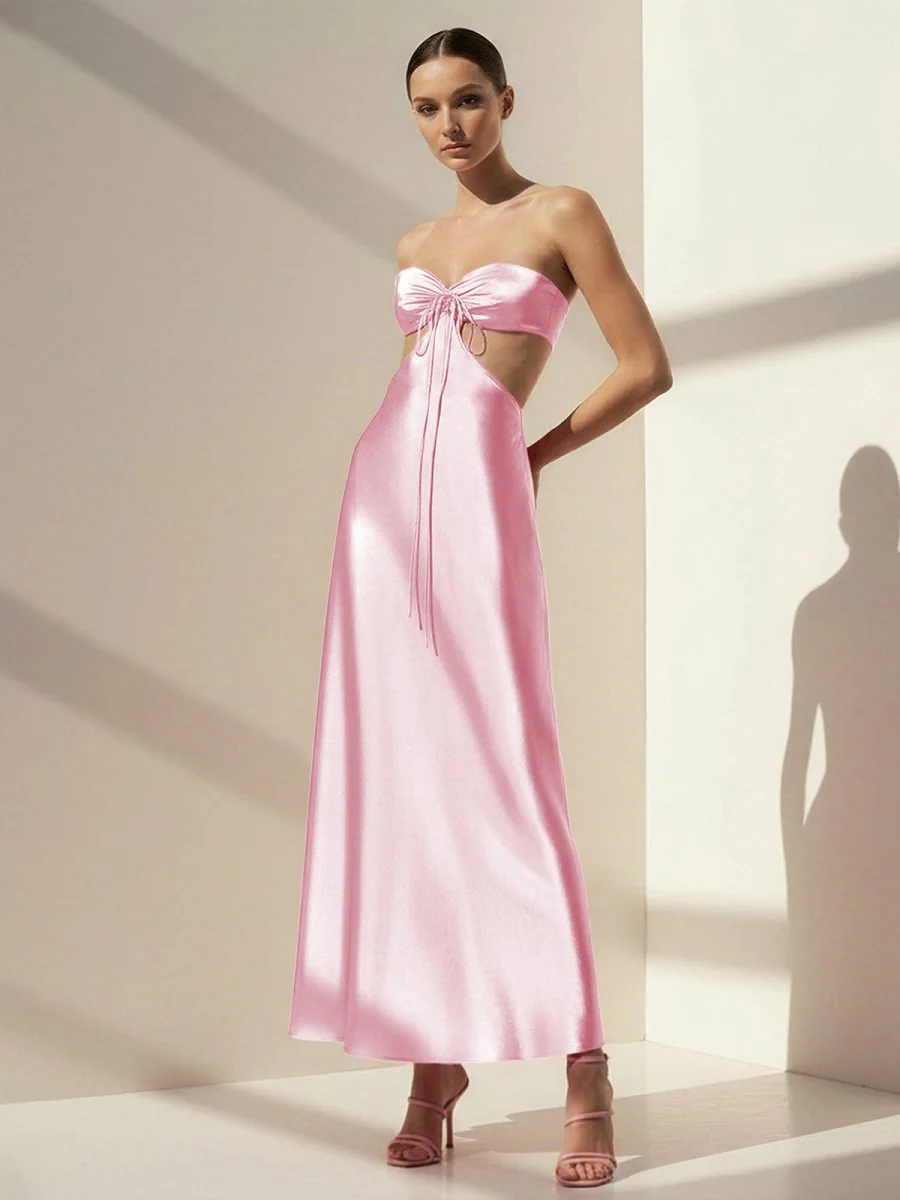 Satin Strapless Cut Out Prom Dresses with Back Tie