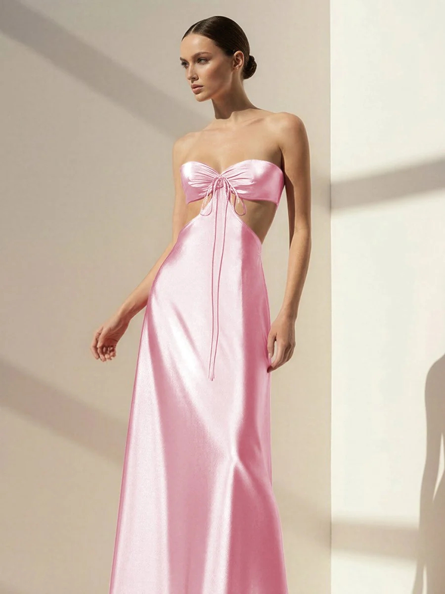 Satin Strapless Cut Out Prom Dresses with Back Tie