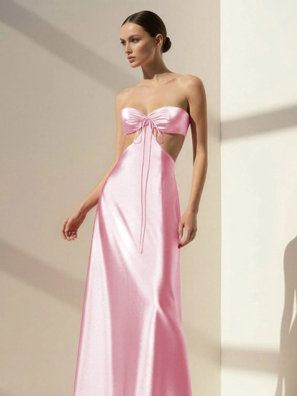 Satin Strapless Cut Out Prom Dresses with Back Tie