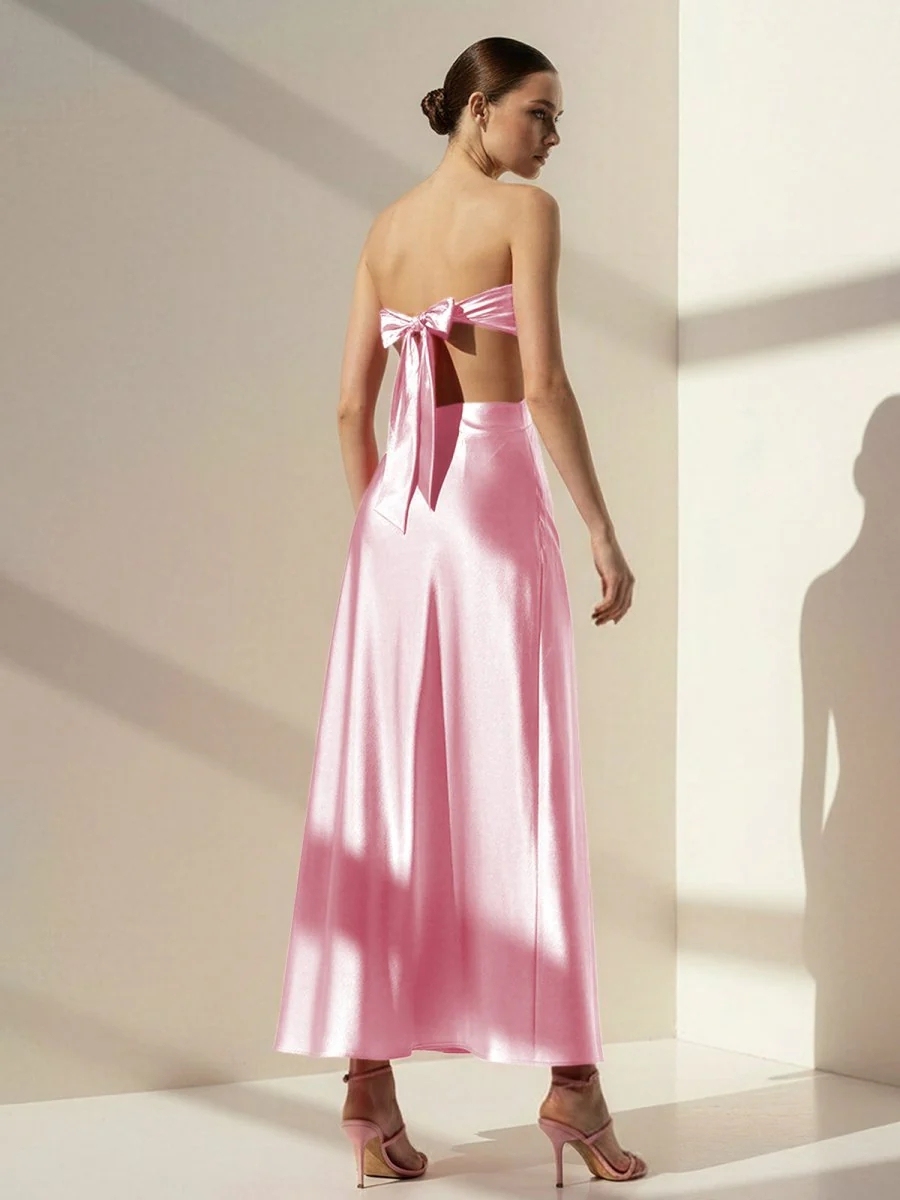 Satin Strapless Cut Out Prom Dresses with Back Tie