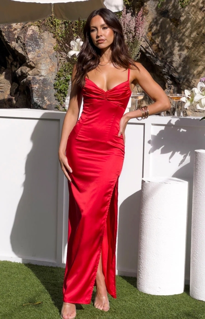 Satin Spaghetti Straps Evening Dresses with Slit