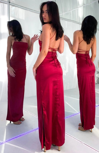 Satin Halter Evening Dresses with Slit