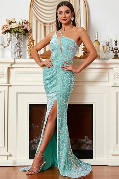 Sparkly Sequin One Shoulder Evening Dresses with Slit