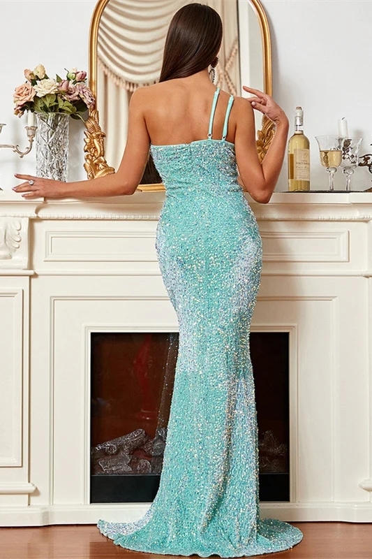 Sparkly Sequin One Shoulder Evening Dresses with Slit
