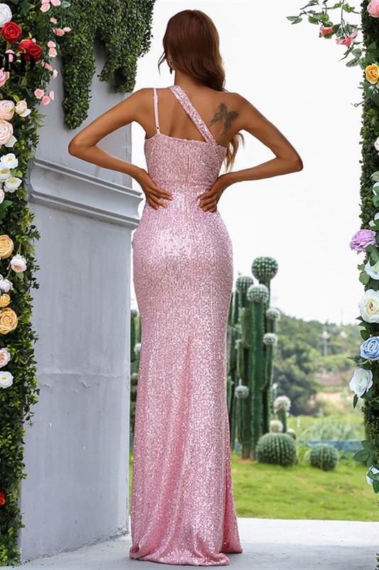 Sparkly Sequin One Shoulder Evening Dresses with Slit