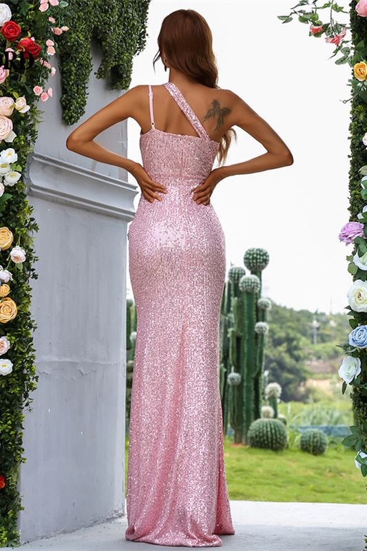Sparkly Sequin One Shoulder Evening Dresses with Slit
