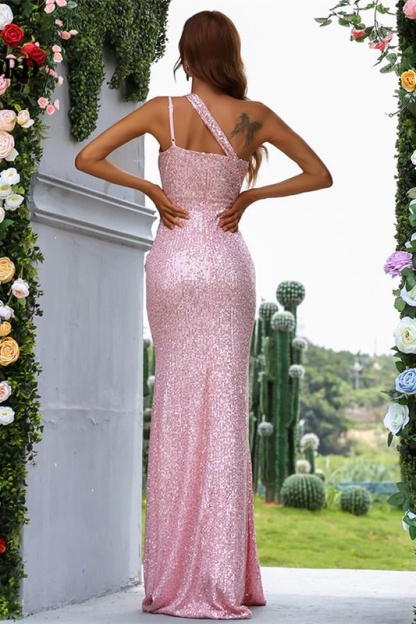 Sparkly Sequin One Shoulder Evening Dresses with Slit