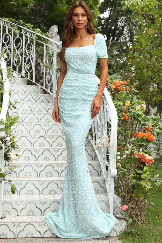 Sparkly Sequin Square Neck Evening Dresses with Slit