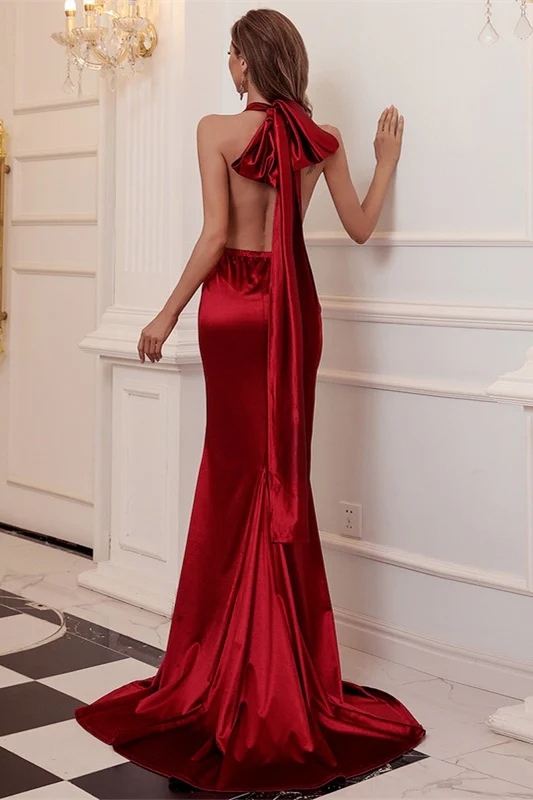 Satin Halter Evening Dresses for Formal Party with Sash