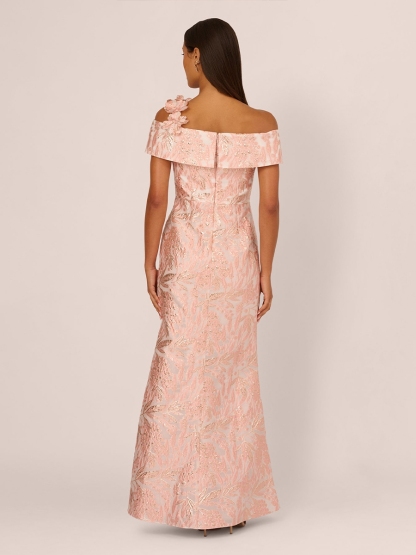 Floral Jacquard One Shoulder Evening Dresses with Slit