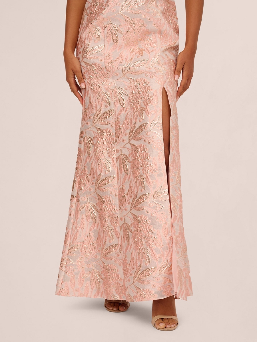 Floral Jacquard One Shoulder Evening Dresses with Slit