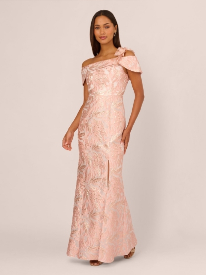 Floral Jacquard One Shoulder Evening Dresses with Slit