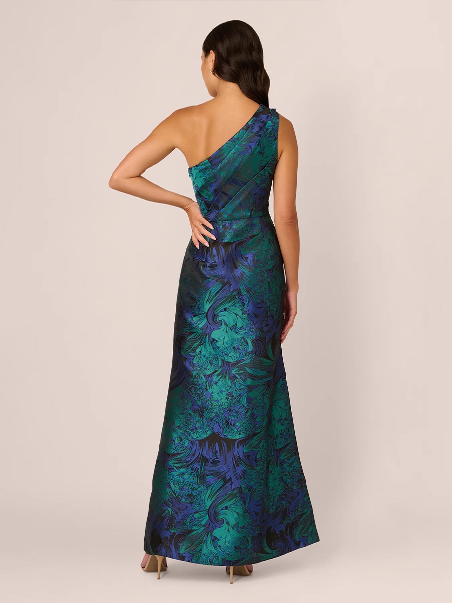 Floral Jacquard One Shoulder Evening Dresses with Slit