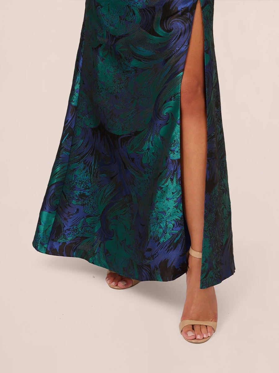 Floral Jacquard One Shoulder Evening Dresses with Slit