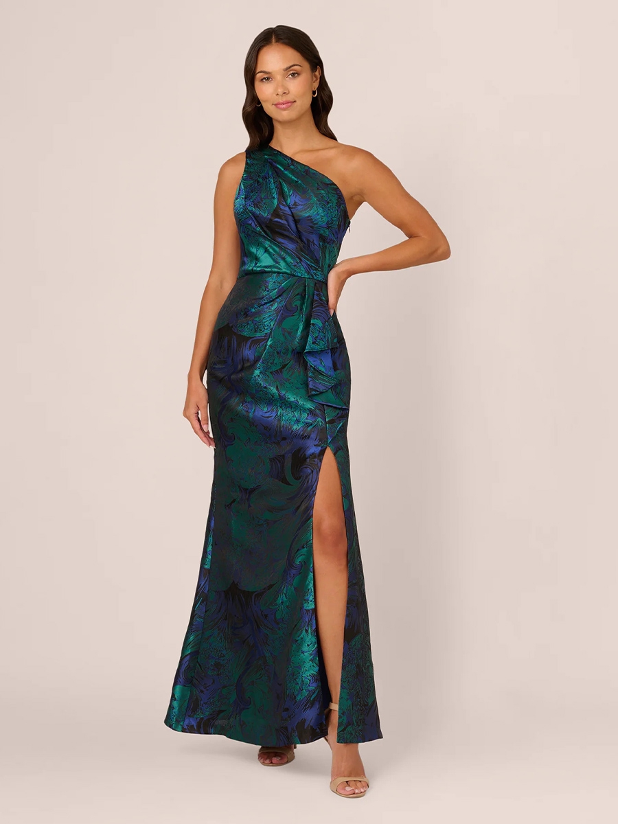 Floral Jacquard One Shoulder Evening Dresses with Slit