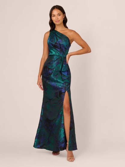 Floral Jacquard One Shoulder Evening Dresses with Slit