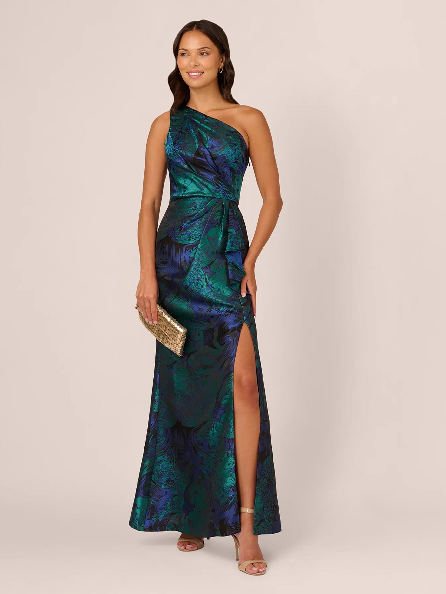 Floral Jacquard One Shoulder Evening Dresses with Slit