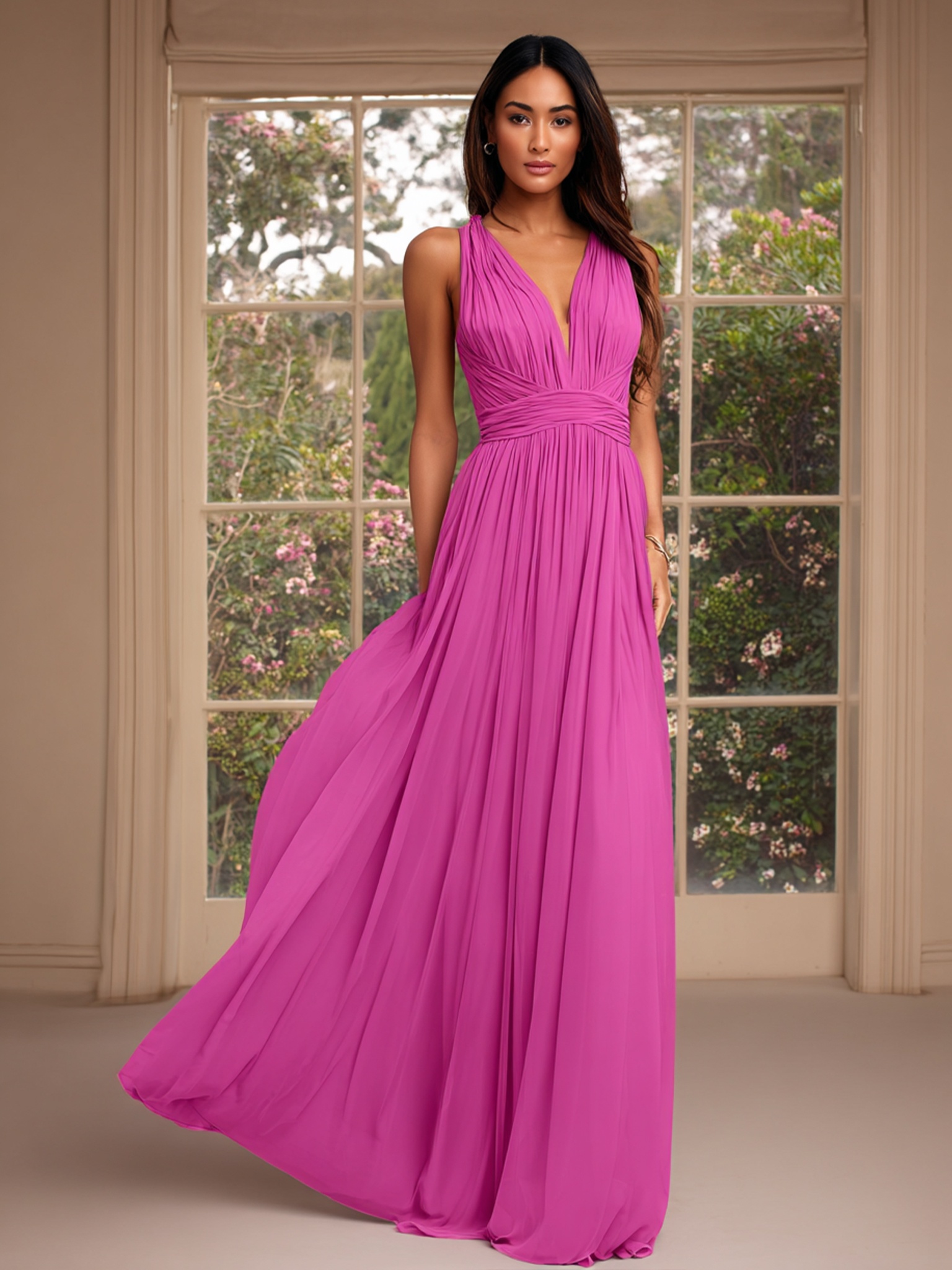 Chiffon Spaghetti Straps Evening Dresses with Pleats