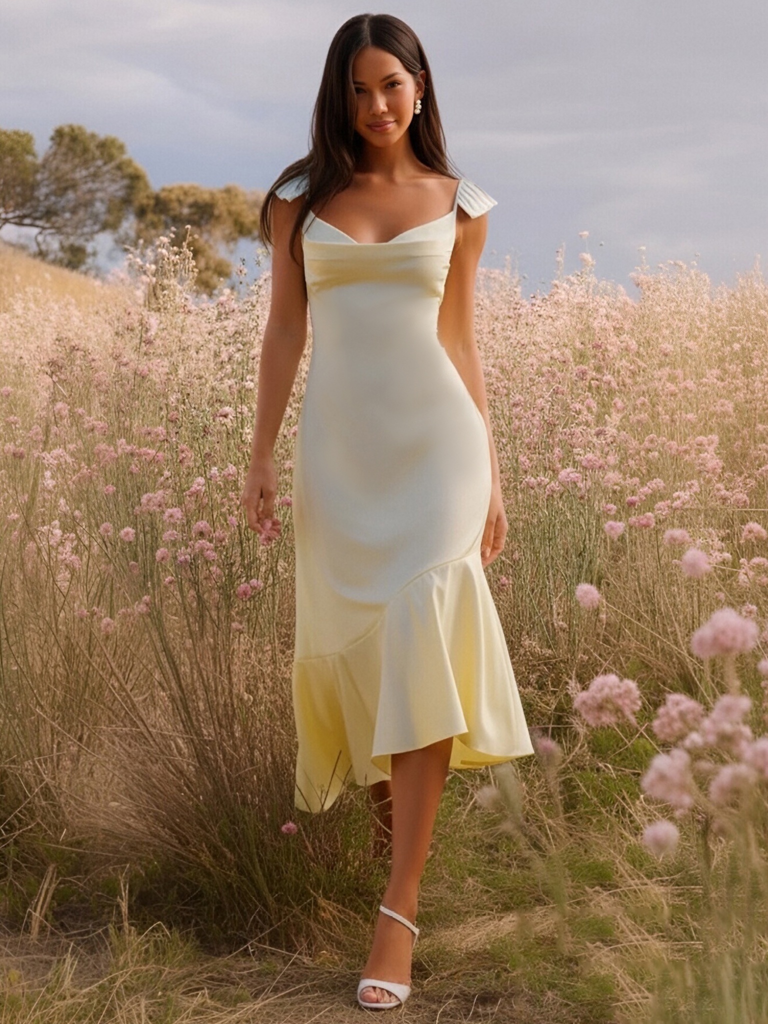 Satin Spaghetti Straps Evening Dresses with Ruffles