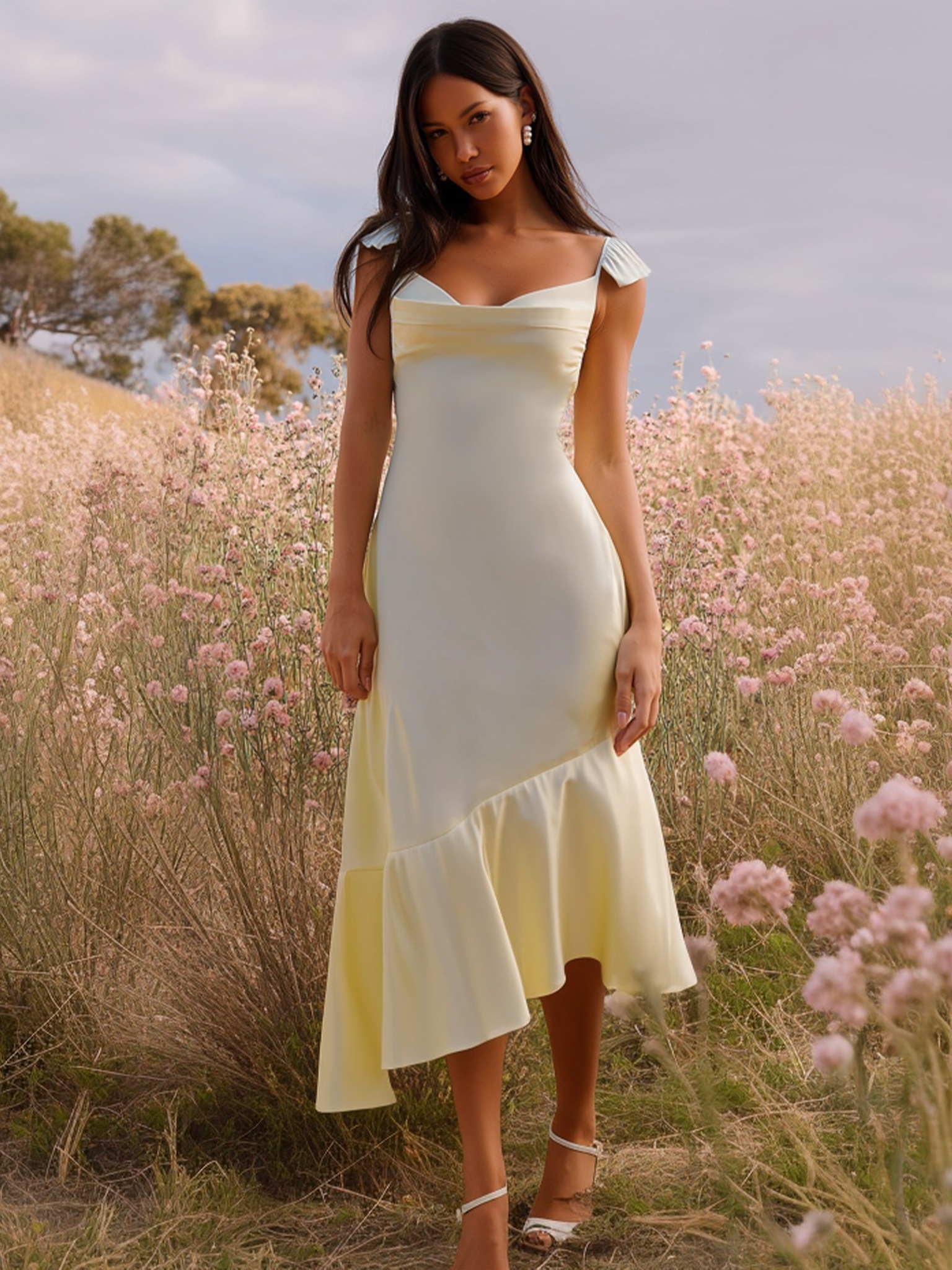 Satin Spaghetti Straps Evening Dresses with Ruffles