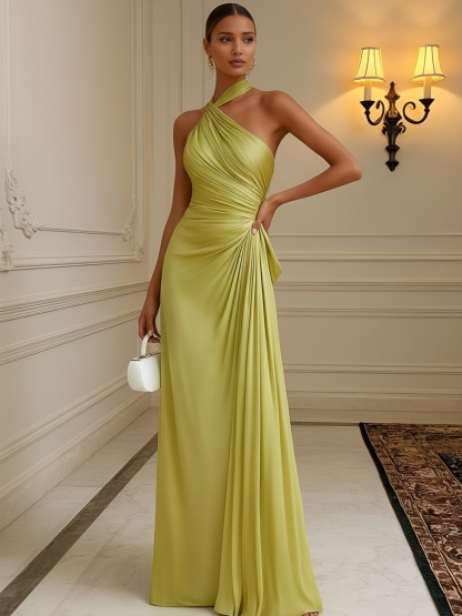 Satin One Shoulder Evening Dresses with Pleats