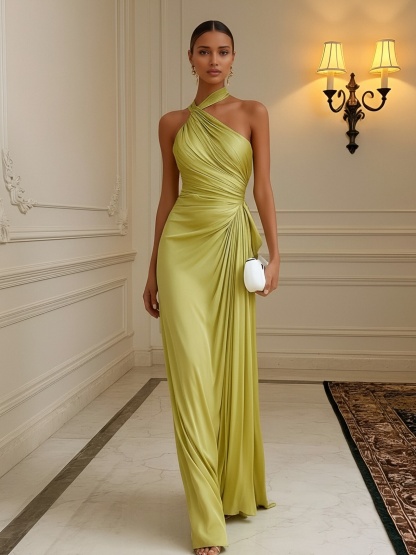 Satin One Shoulder Evening Dresses with Pleats
