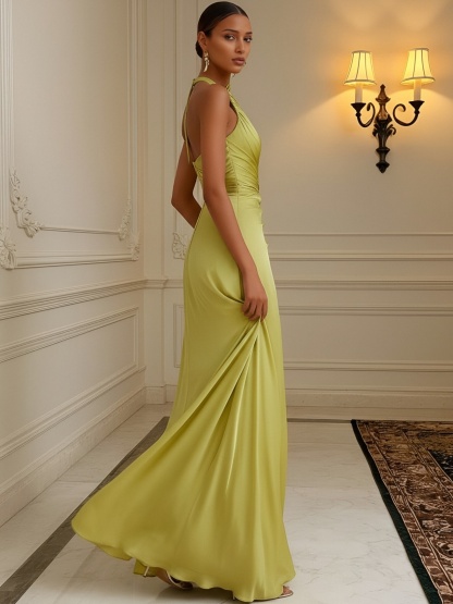 Satin One Shoulder Evening Dresses with Pleats