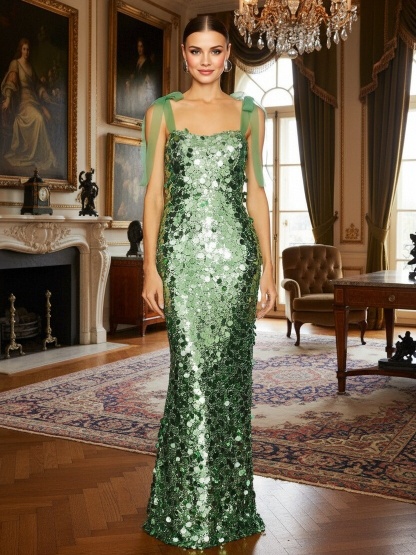 Sequin Square Neck Evening Dresses with Tied Straps