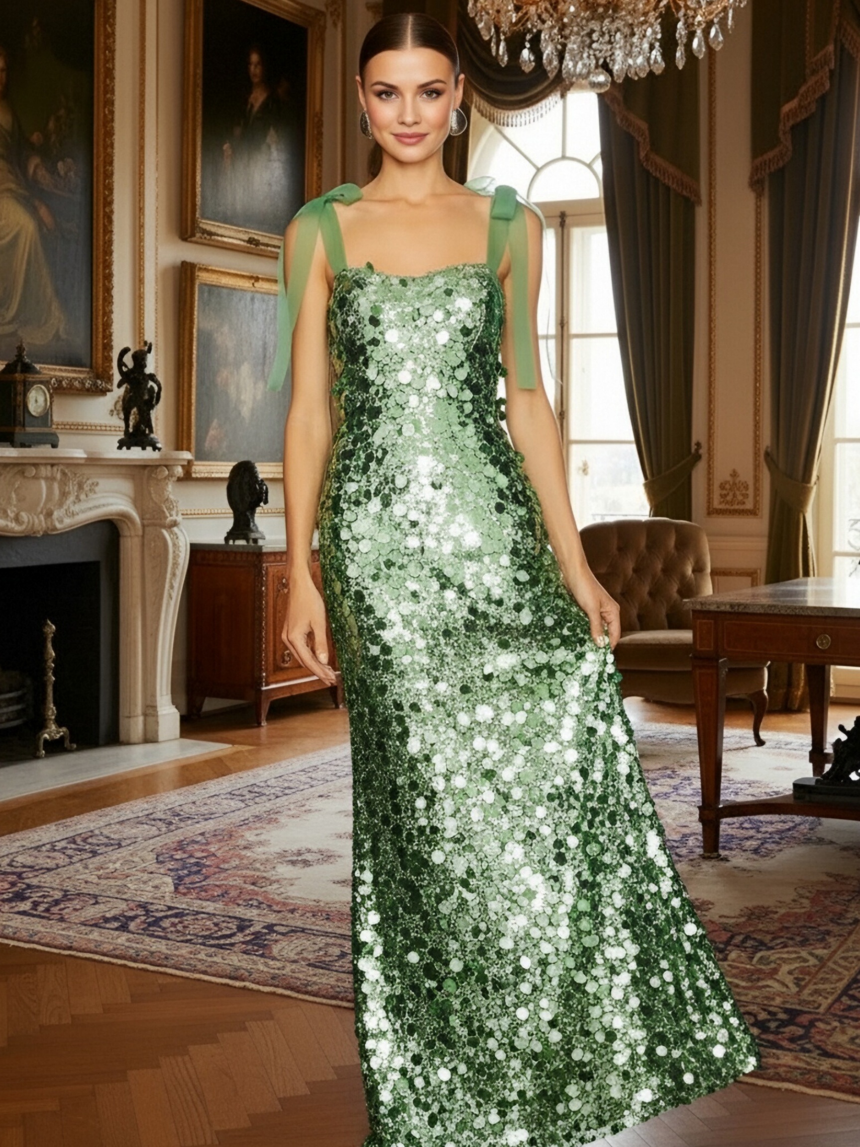 Sequin Square Neck Evening Dresses with Tied Straps