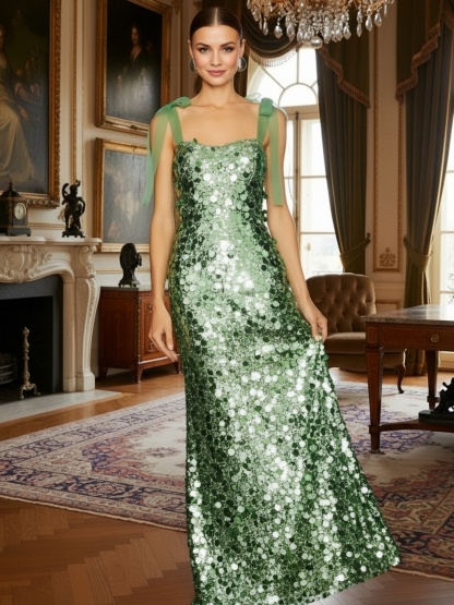 Sequin Square Neck Evening Dresses with Tied Straps