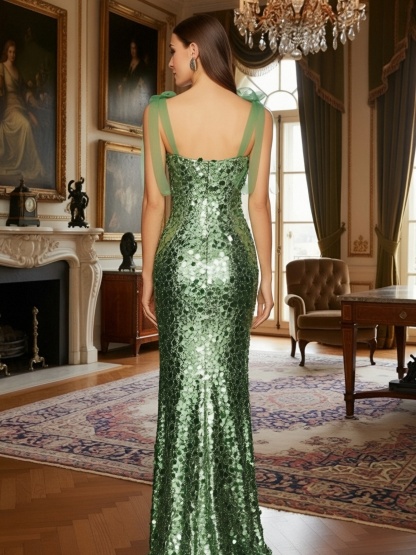 Sequin Square Neck Evening Dresses with Tied Straps