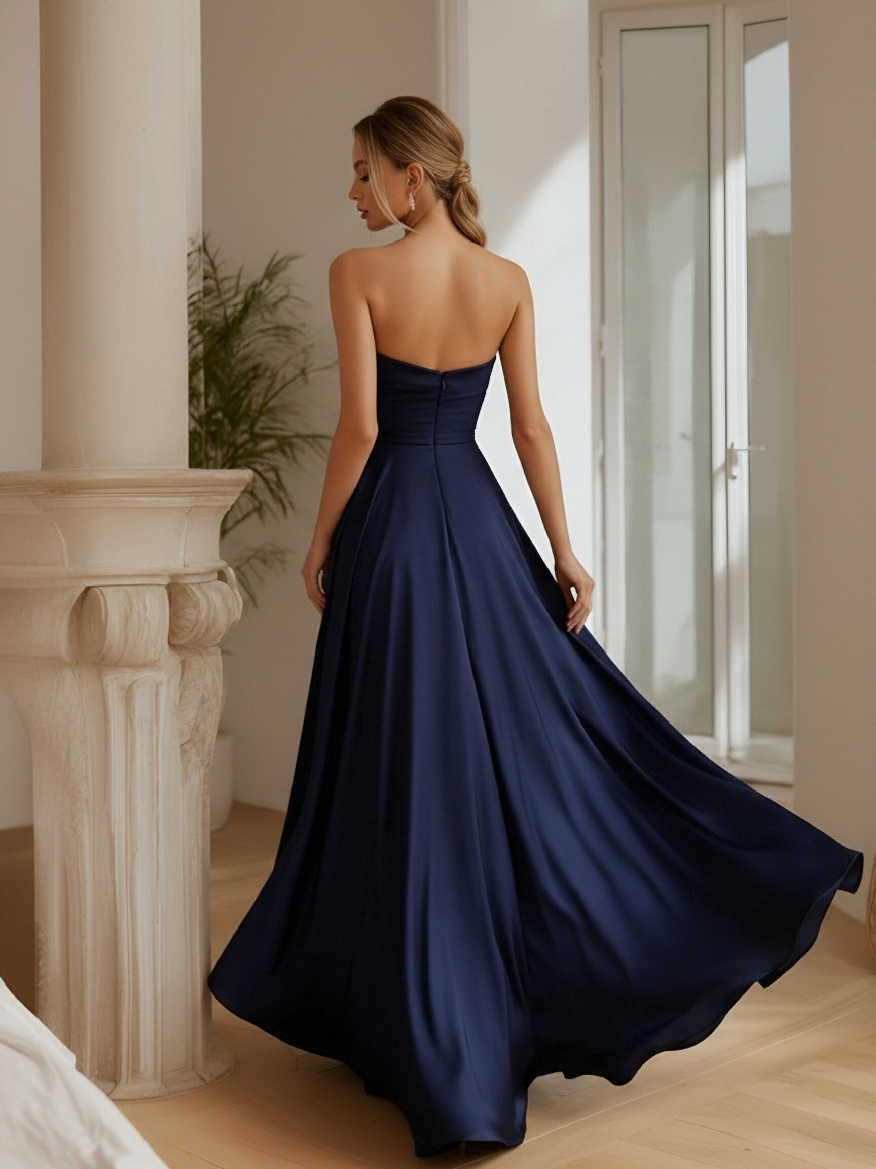 Silk Satin Strapless Corset Evening Dresses with Pleats