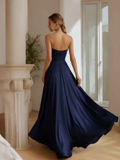 Silk Satin Strapless Corset Evening Dresses with Pleats