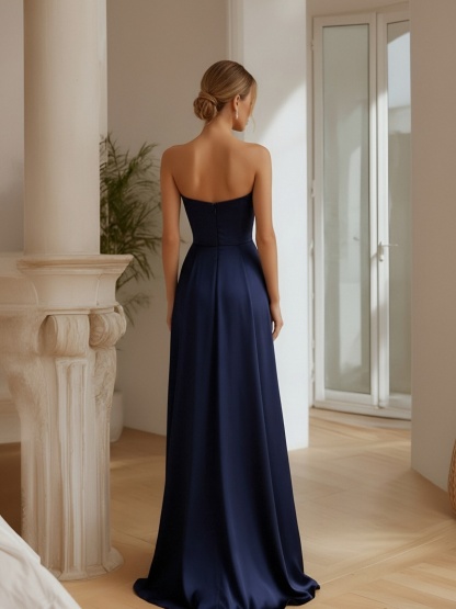 Silk Satin Strapless Corset Evening Dresses with Pleats