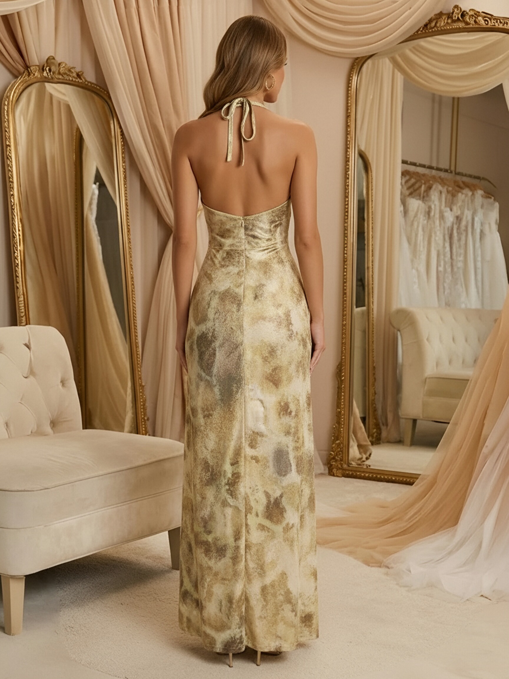 Chiffon Floral Print Halter Deep V Neck Long Evening Dresses with Slit