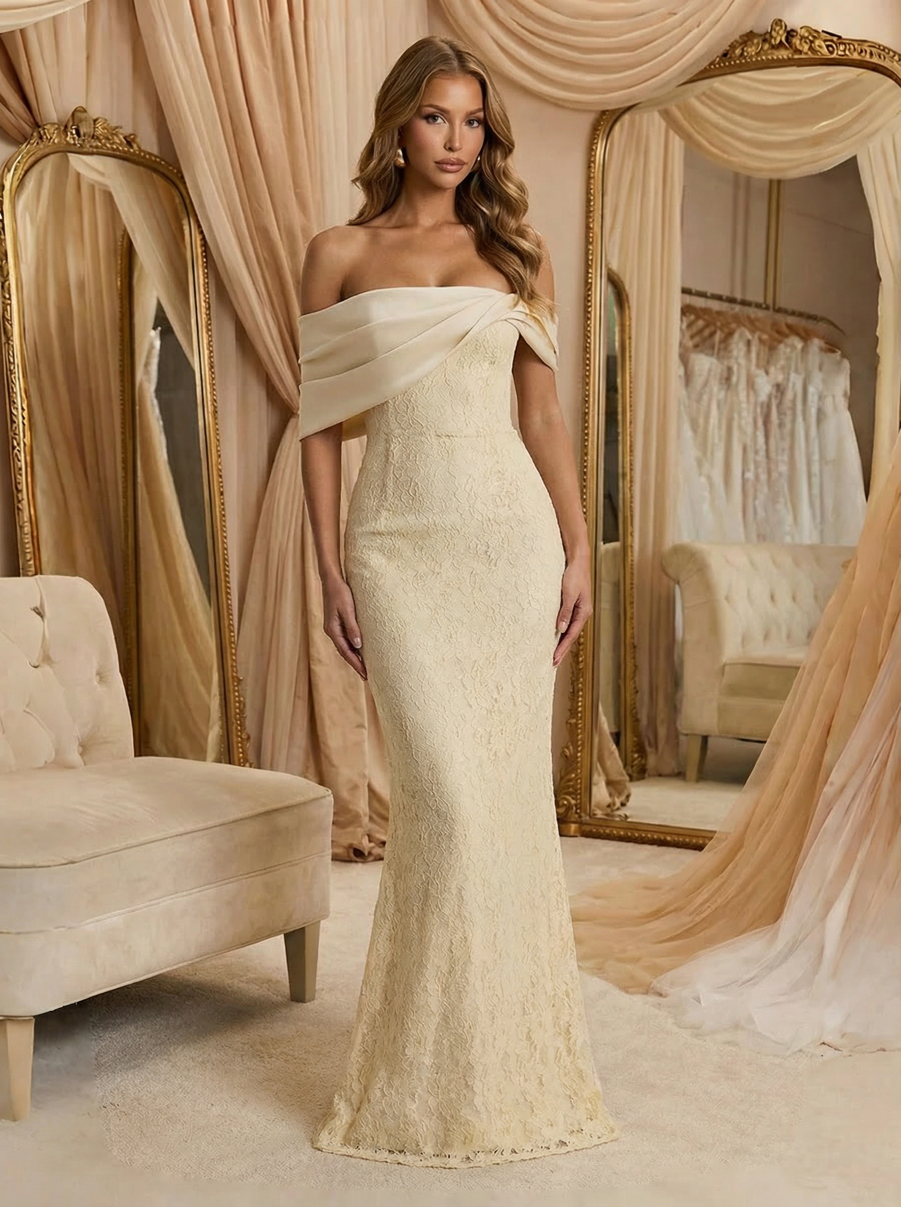 Satin Off Shoulder Evening Dresses with Pleated