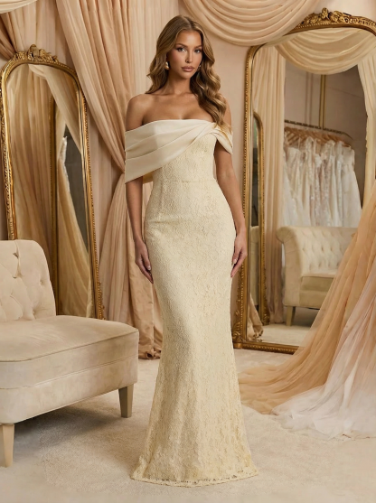 Satin Off Shoulder Evening Dresses with Pleated