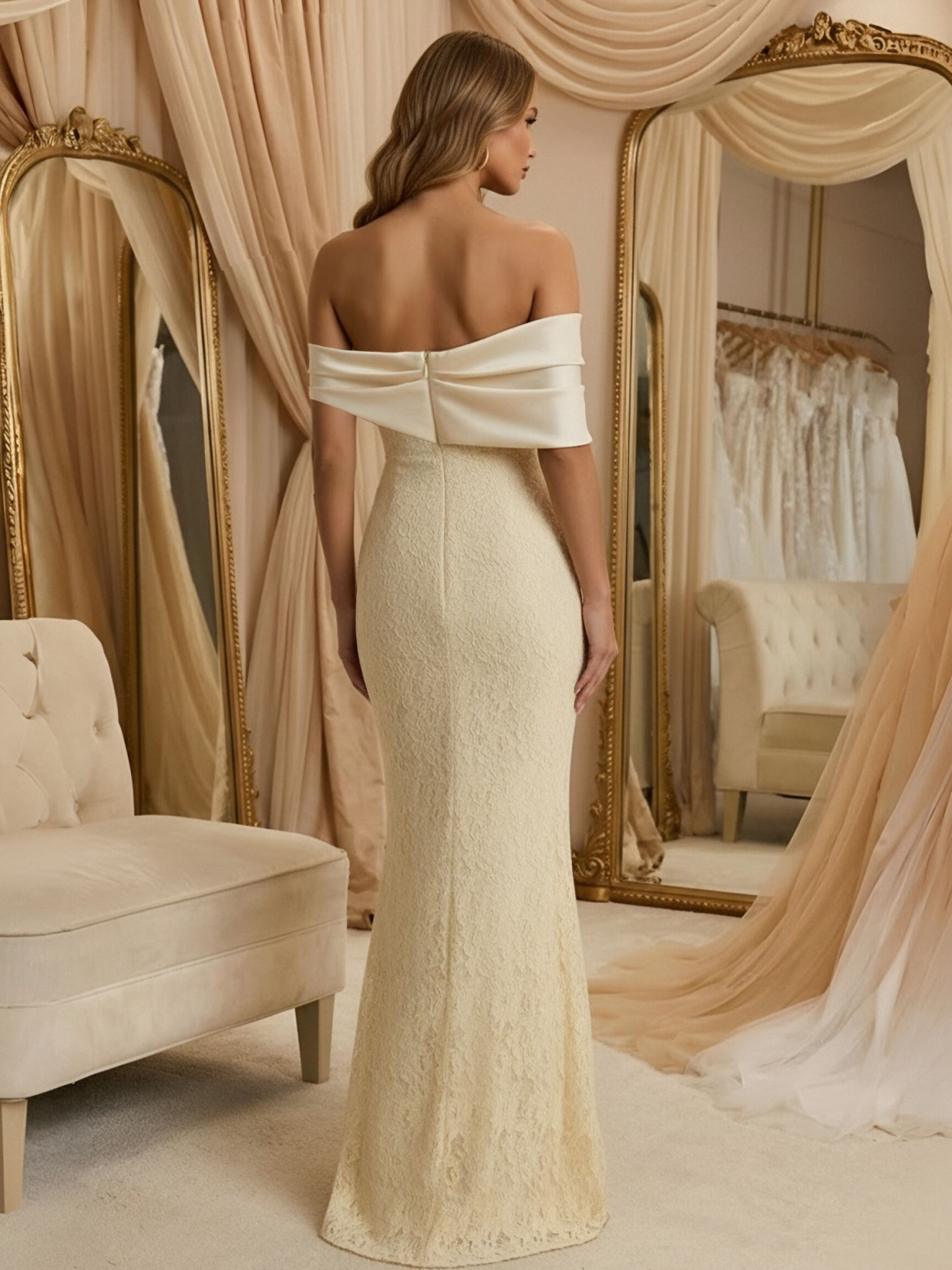 Satin Off Shoulder Evening Dresses with Pleated