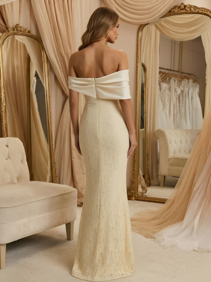 Satin Off Shoulder Evening Dresses with Pleated