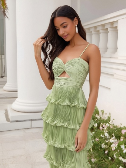 Satin Spaghetti Straps Mermaid Evening Dresses with Ruffles
