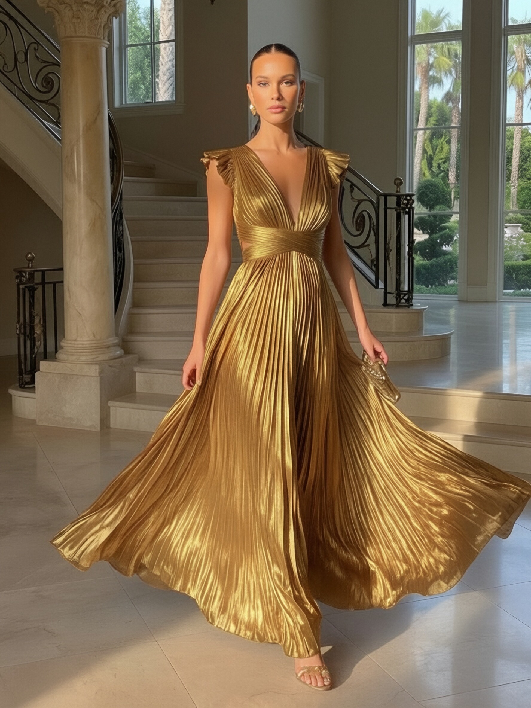 Satin Deep V Neck Evening Dresses with Pleats